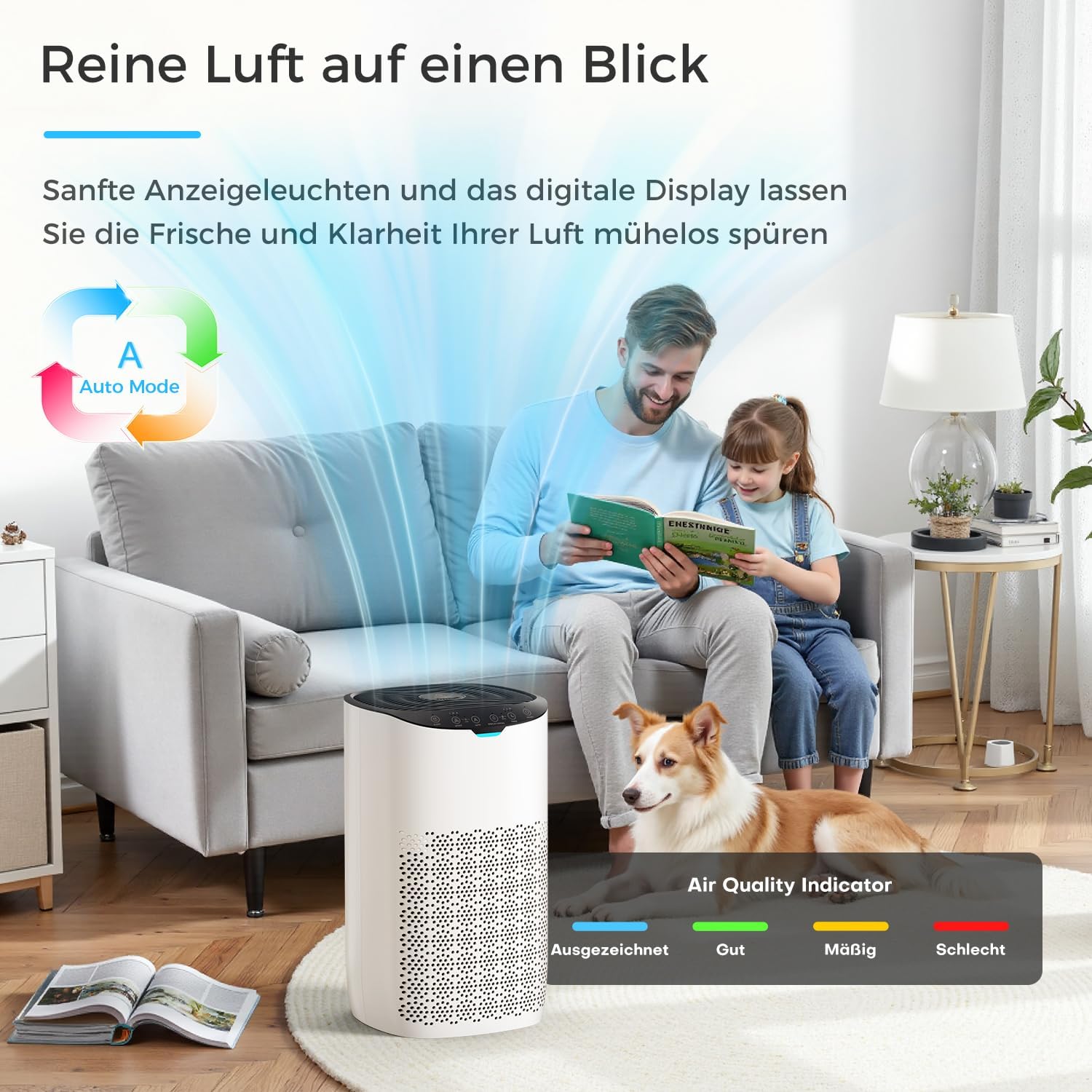 AROEVE Luftreiniger, CADR 300 m³/h für 120 m² Raum, Luftreiniger Allergiker gegen Pollen, Staub, Tierhaare, Rauch, Automatikmodus mit Sensor, Leise 25dB, Ideal für Allergie-Haushalte