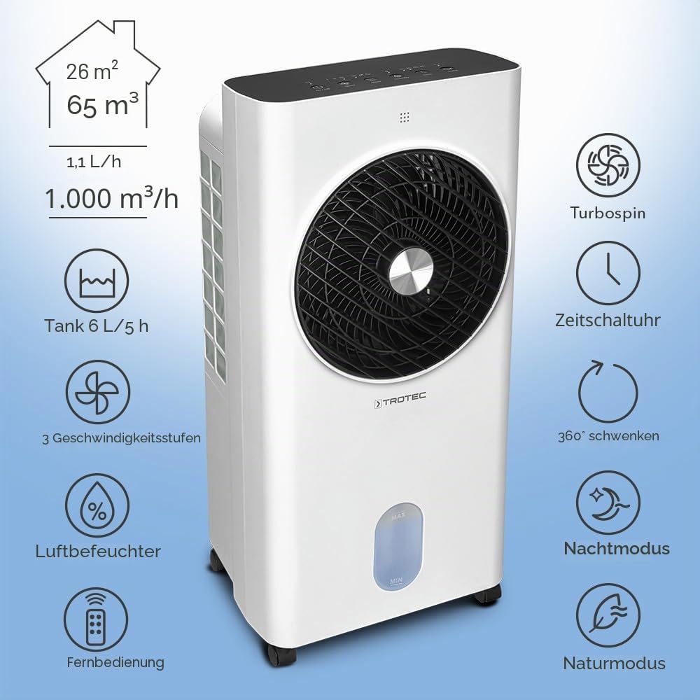 TROTEC Aircooler PAE 31 mobiler Luftkühler, 3-in-1 Luftkühler, Luftbefeuchter und Ventilator, 6 l Tank, 1,1 l/h Verdunstungsleistung, 3 Gebläsestufen, Timer, Nachtmodus