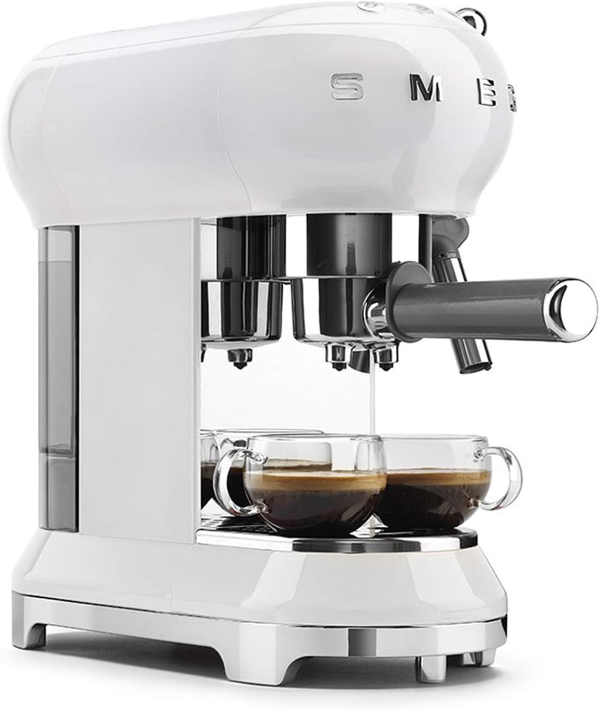 Smeg, ECF01WHEU Manual Espresso -Maschine, Cappuccino -System, Thermoblock, große Tassengehäuse und Doppelkaffeefunktion, 1 l Wassertank, kompakte Abmessungen, 1350W, Weiß