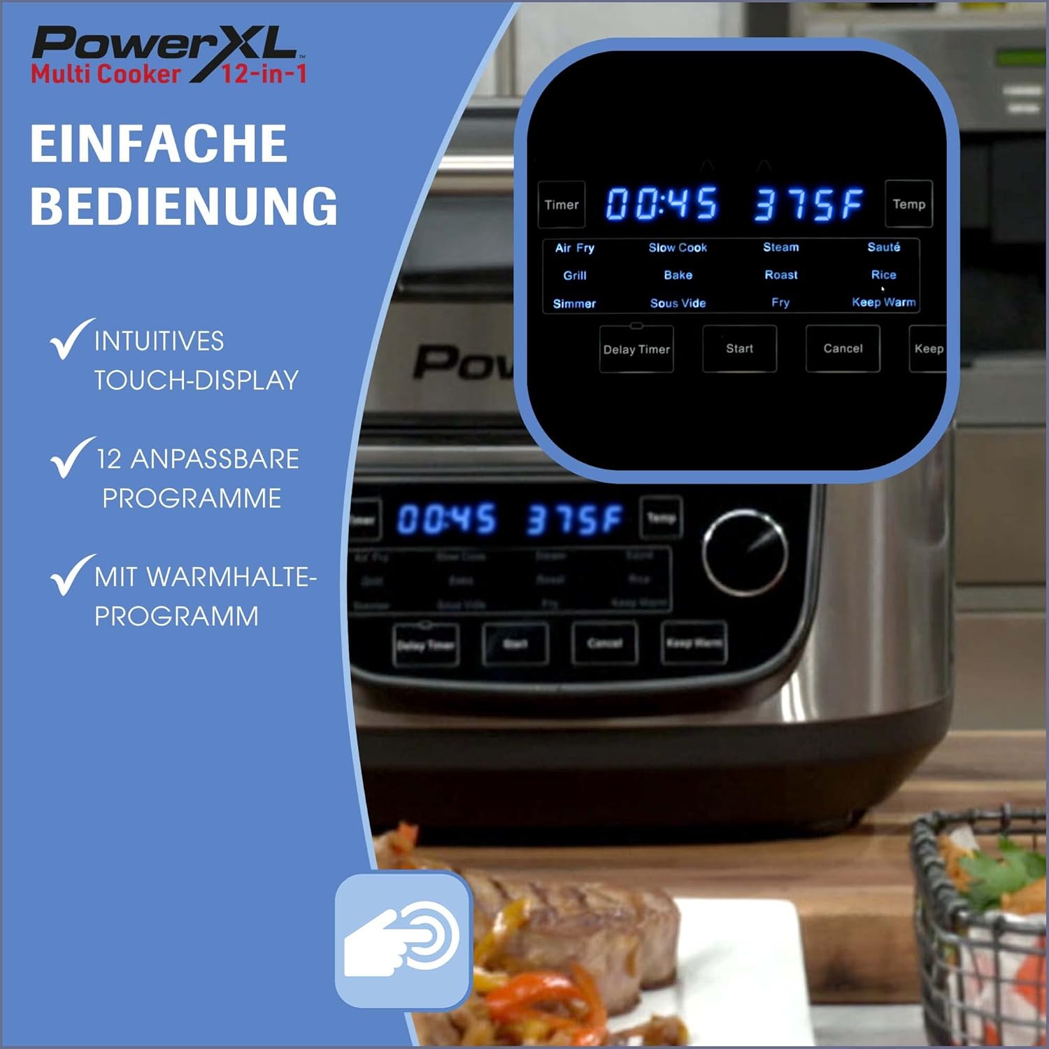 PowerXL MultiCooker - 12 in 1 Multikocher mit Warmhaltefunktion - Heißluftfritteuse, Backofen, Bratpfanne, Reiskocher uvm. - 5,7 Liter Fassungsvermögen - 12 Kochprogramme - Airfryer - Kaloriensparend