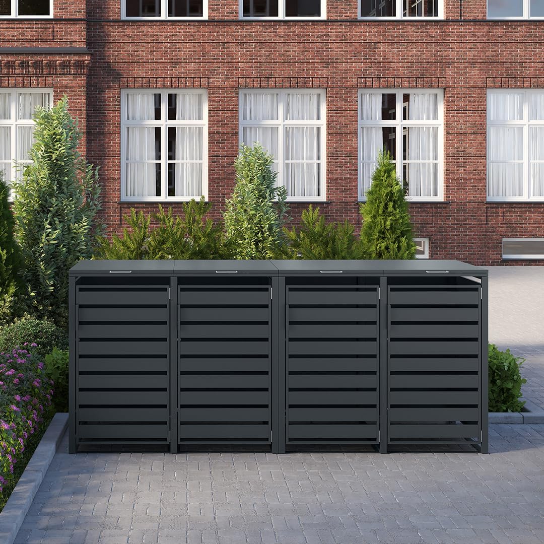STEELSØN Kestra Mülltonnenbox 4er bis 240L – Mülltonnenverkleidung mit Sichtstreifen aus Stahl – hochwertige Müllcontainer in Anthrazit für 4 Tonnen – Müllbox/Gerätebox wetterfest & UV-beständig