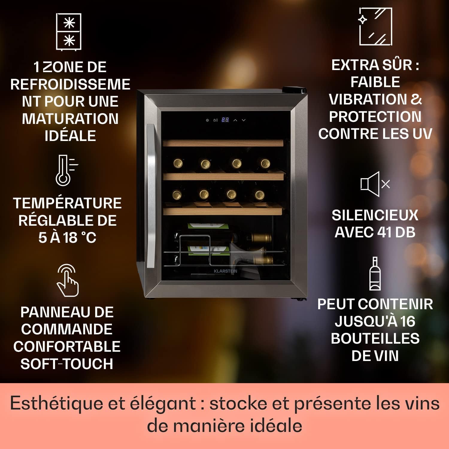 Klarstein Cave a Vin, Réfrigérateur à Vin avec Porte en Verre, Cave à Vin de Vieillissement, Zone Unique, Prosecco, Bière, Ecran Tactile, Réfrigérateur Bar, Frigo, Protection UV, 5-18°C, 16 Bouteilles