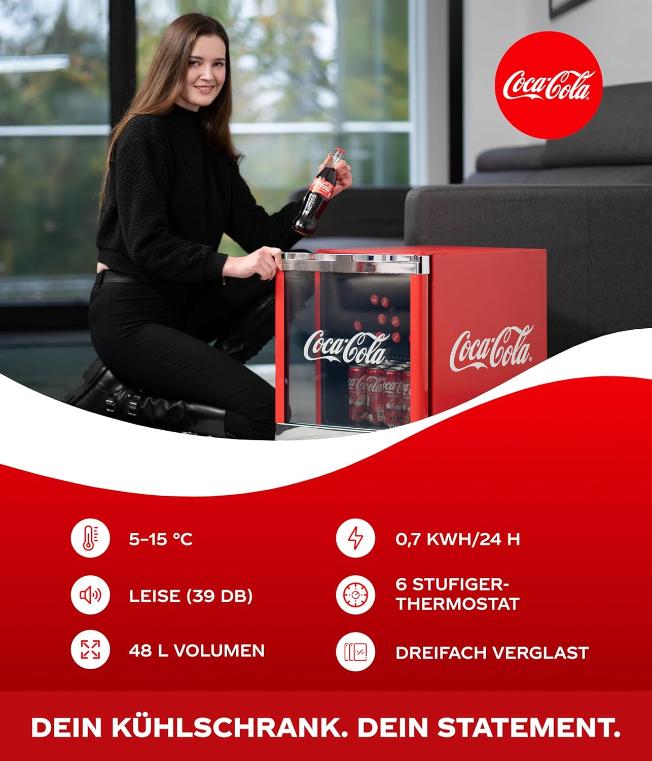 °CUBES Original Coca-Cola Mini Kühlschrank Rot 48L - Getränkekühlschrank mit Glastür, leise  und  energieeffizient - Für Büro, Partys  und  Gaming - Cooler Flaschenkühlschrank - Mini Kühlschrank für Getränke