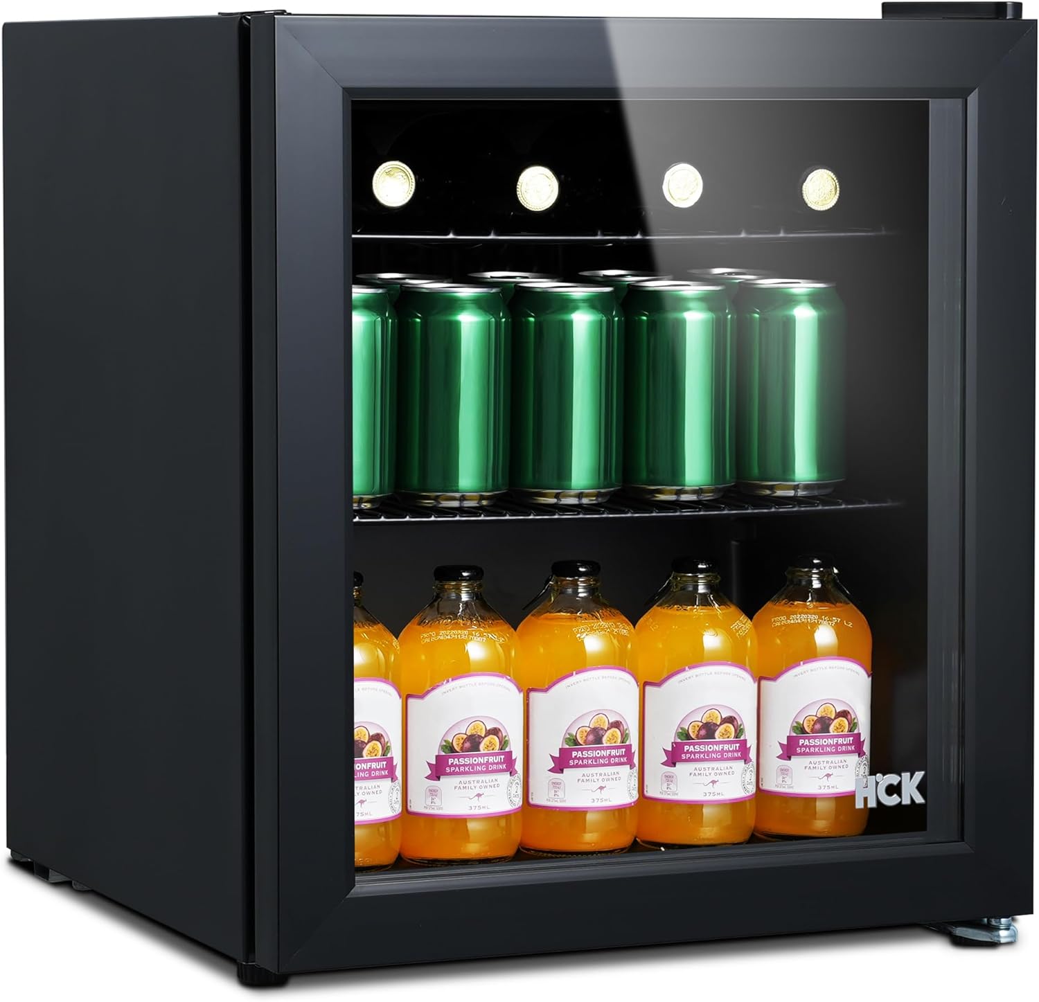HCK 48L Mini Frigo Silencieux, 0-15°C Petit Réfrigérateur de Chambre, Porte Vitrée Transparente, Mini Bar pour Cuisine, Noir