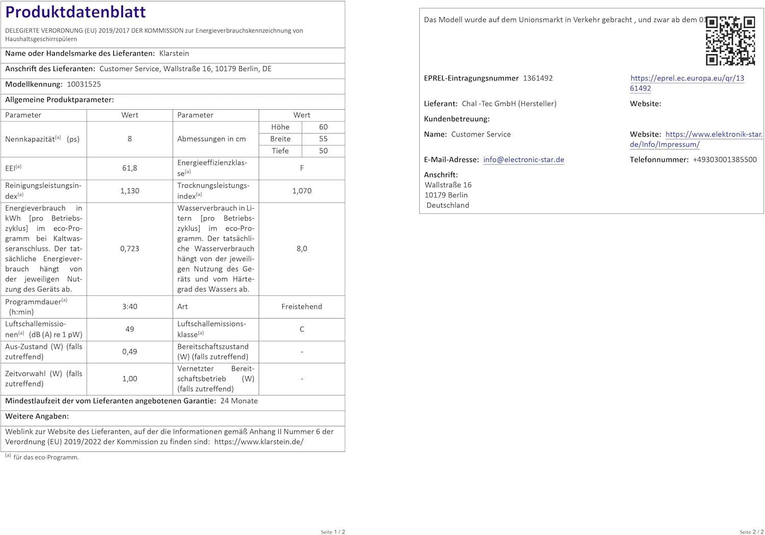 Klarstein  ia 8 - Spülmaschine, Geschirrspüler, Freistehend, Teilintegriert, F, 55 cm breit, 8 Maßgedecke, 6 Programme, Aquastop, silber