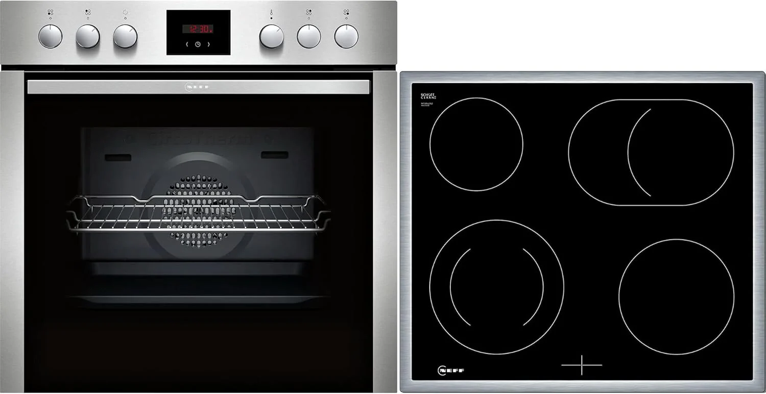 NEFF EDX442, set bestaande uit E1ECD0AN0, N 30, inbouwoven met CircoTherm, 60 x 60 cm, RVS en M13R42N2, N 50, via oven te bedienen elektrische kookplaat, 60 cm, zwart, met opbouwframe
