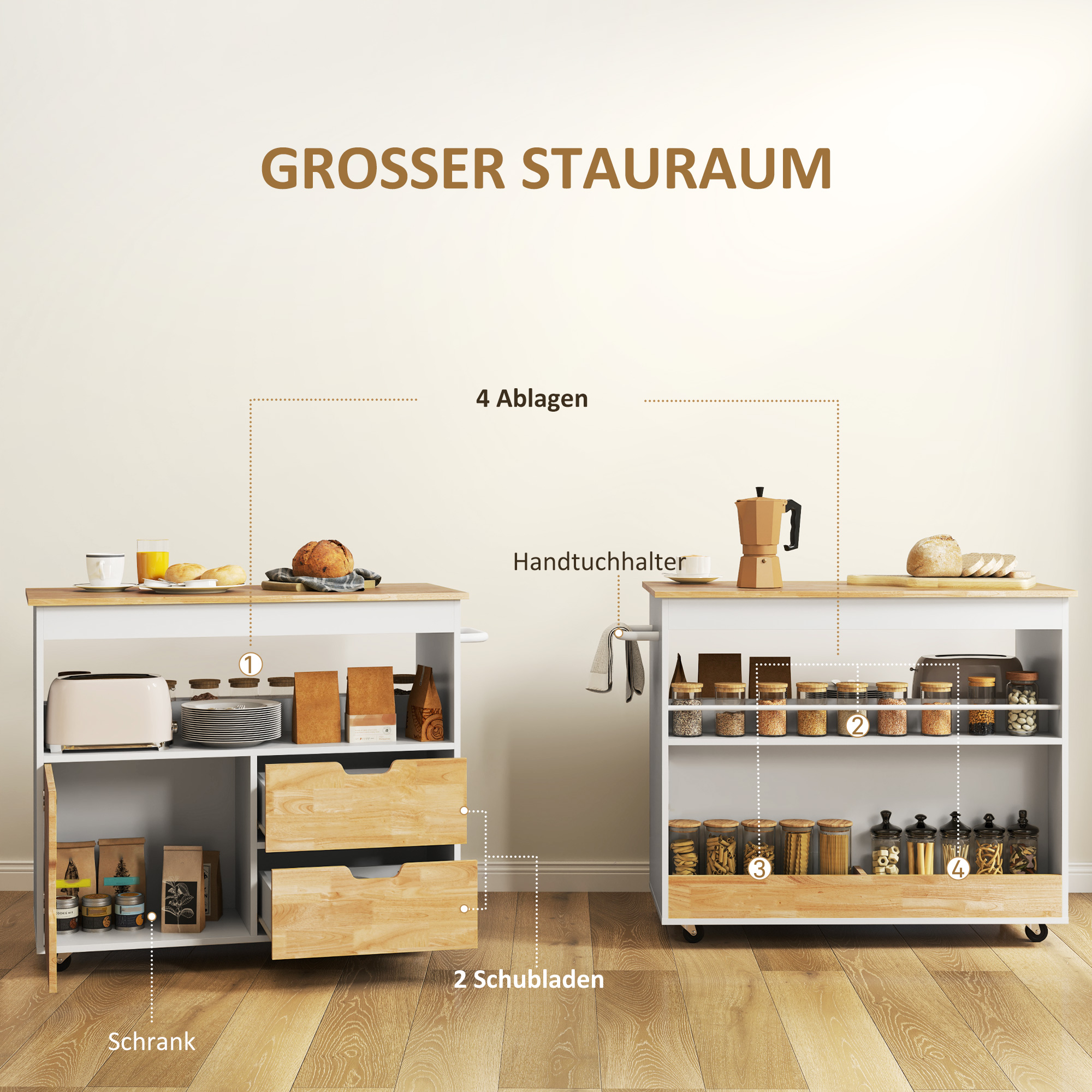 Keukentrolley, Rolbaar Keukeneiland, Keuken-Trolley met Vakken, Kast en Werkblad, Wit