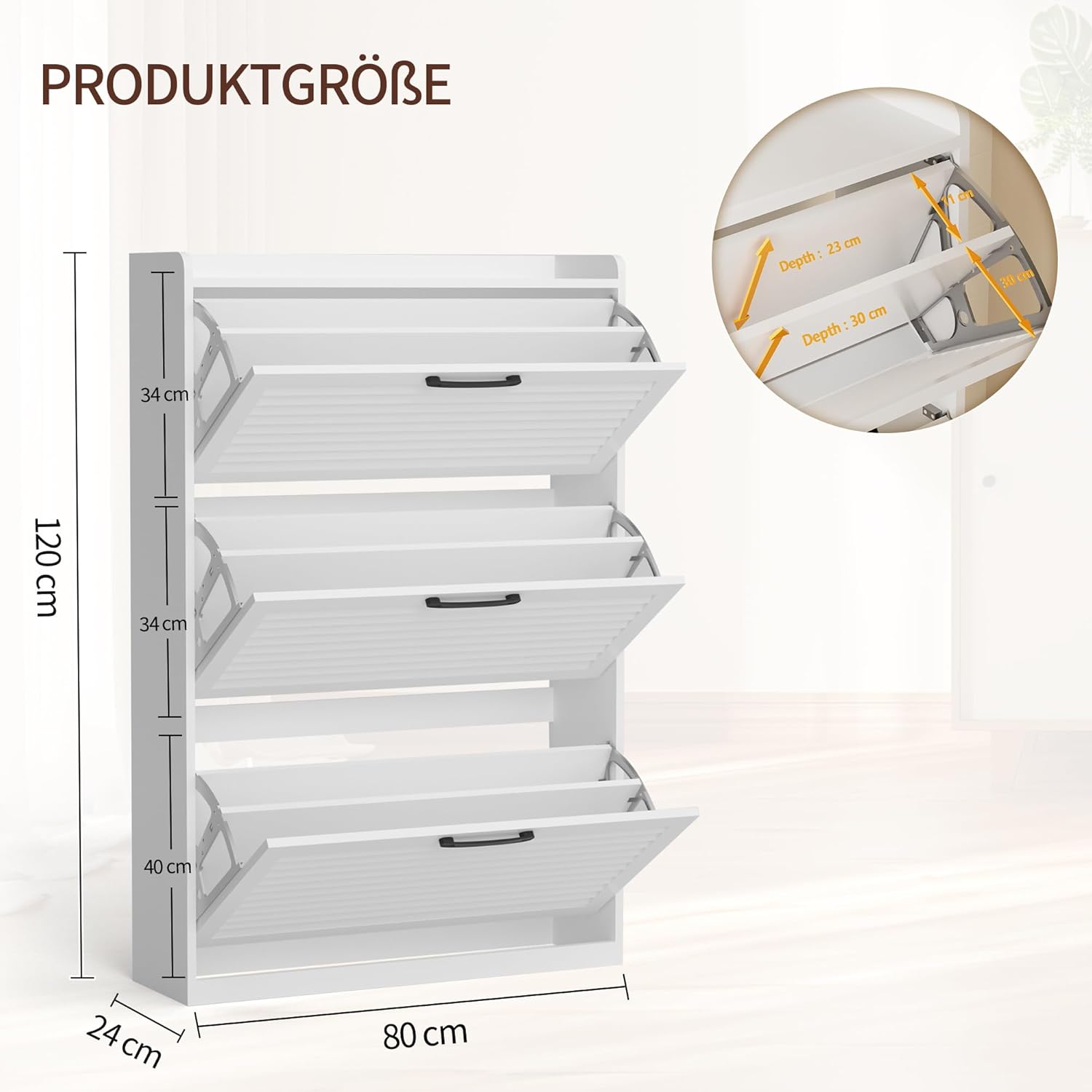 BonVache Schuhschrank Schmal, Schuhkipper mit Lamellentür, Schuhregal mit 3 Klappen, Schuhkommode mit 6 Verstellbar Ablageflächen, Schuhaufbewahrung für Flur, 80x24x120 cm, Weiß