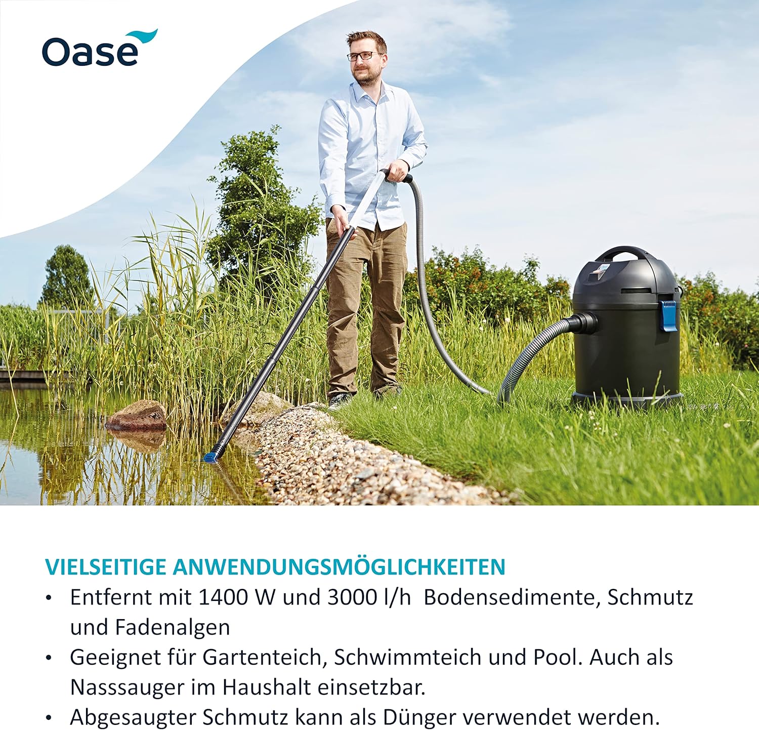 Oase 50529 PondoVac Classic, 1400 W, 3000 l/h - Teichschlammsauger, Reinigung und Wasseraufbereitung inkl. 4 Saugdüsen für für Teiche aller Art und Haushalt