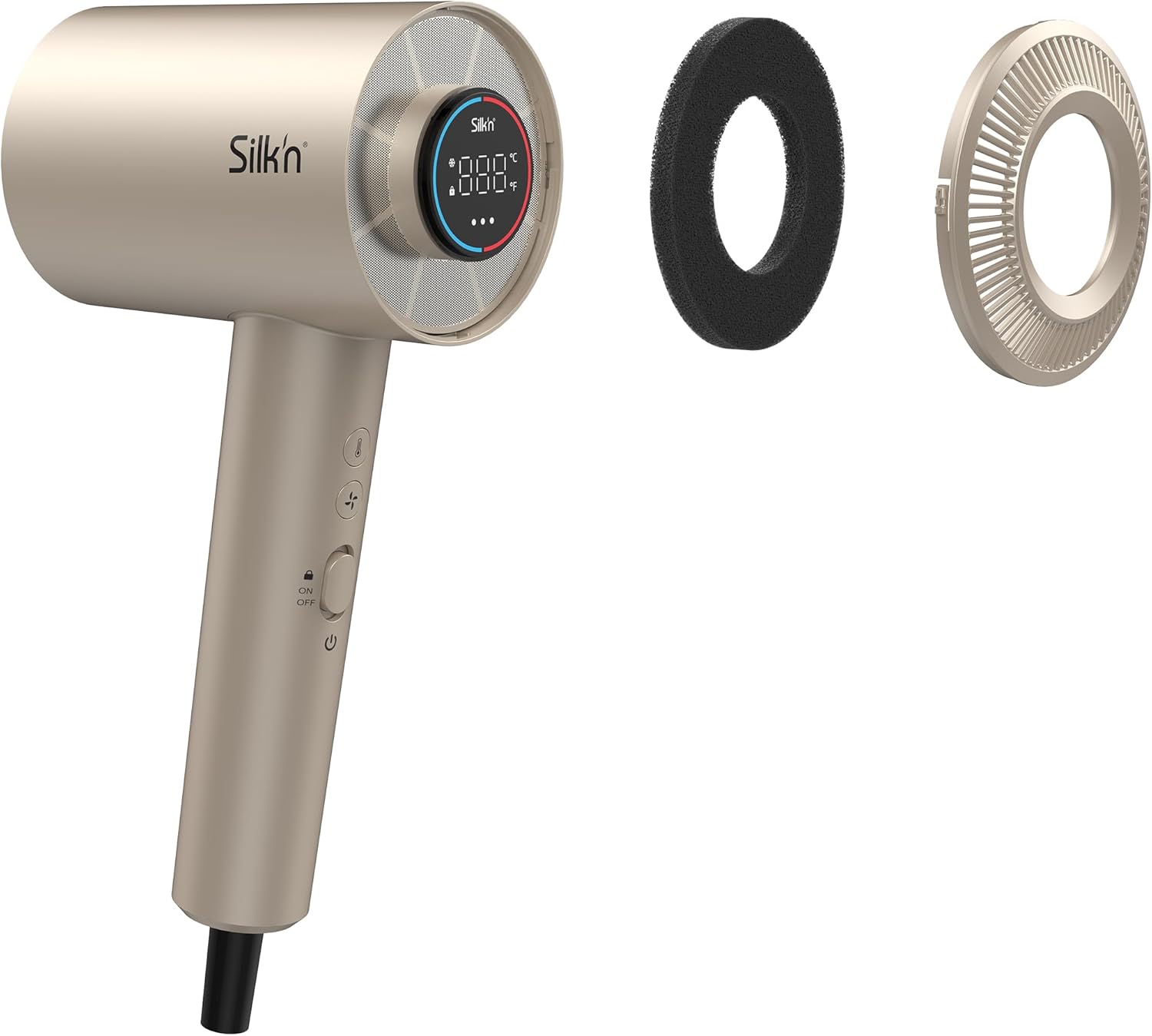 Silk'n Haartrockner I SilkyAir Pro HDB003 I Premium Föhn mit bürstenlosem Motor und Wasser-Ionen-Technologie I 3 Aufsätzen, hitzebeständiger Matte und Reiseetui, 1600 W, Champagner