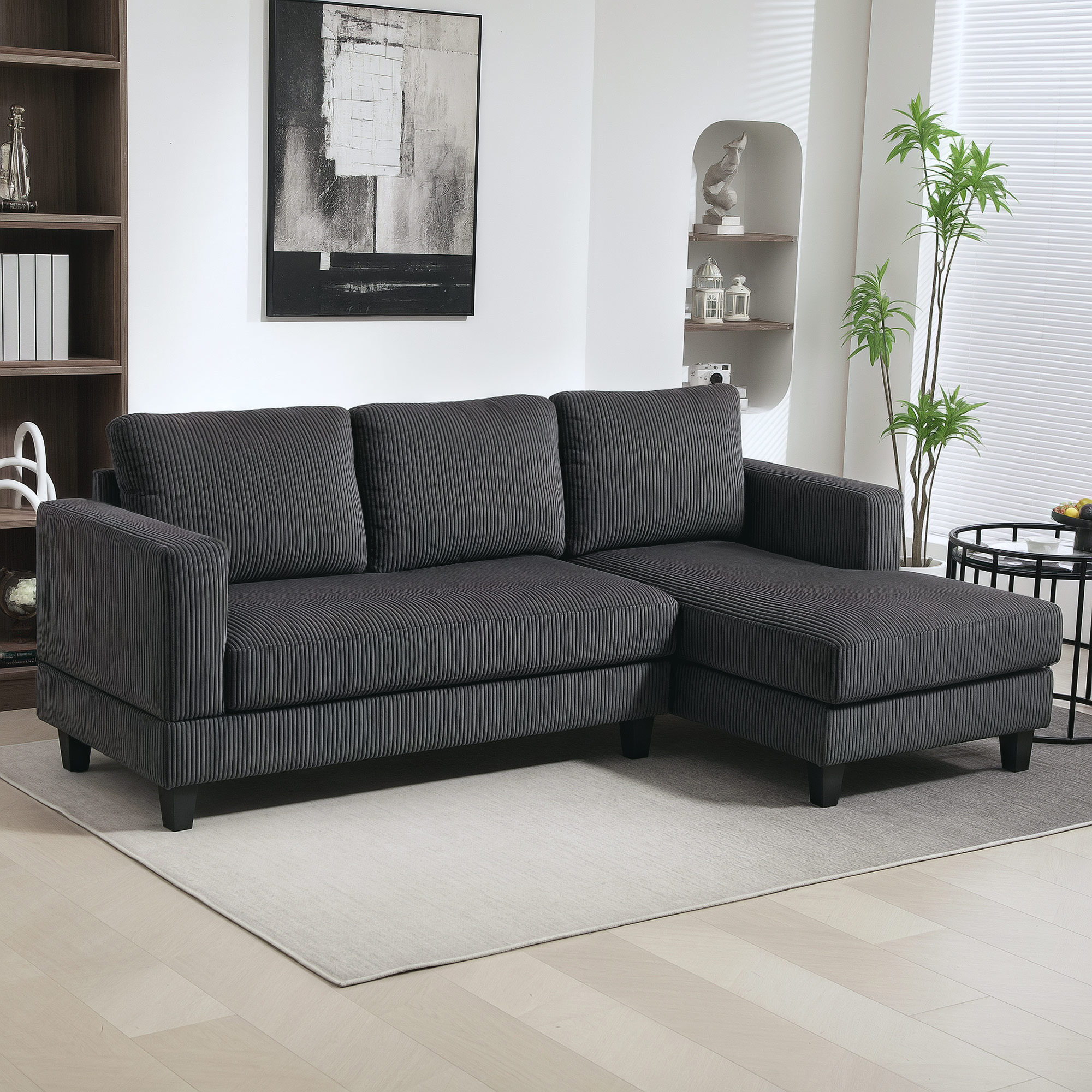 Hoekbank, L-vormige 3-zitsbank met Chaise Longue, Houtconstructie, 8 Poten, Corduroy Stof, Schuimstofbekleding, Grijs