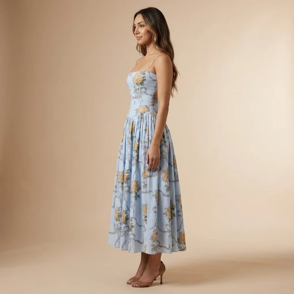 Damen Midi-Kleid mit Blumenmuster und geradem Ausschnitt f��r Hochzeitsg?ste