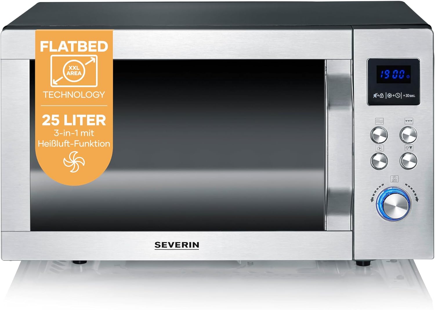 Severin 3-in-1 Mikrowelle mit Glasboden, Flatbed (flacher Hohlraum für große Speisen), Grill und Heißluftfunktion, Mikrowelle mit großer Nutzfläche für eckiges Geschirr, schwarz, Edelstahl, MW 7777