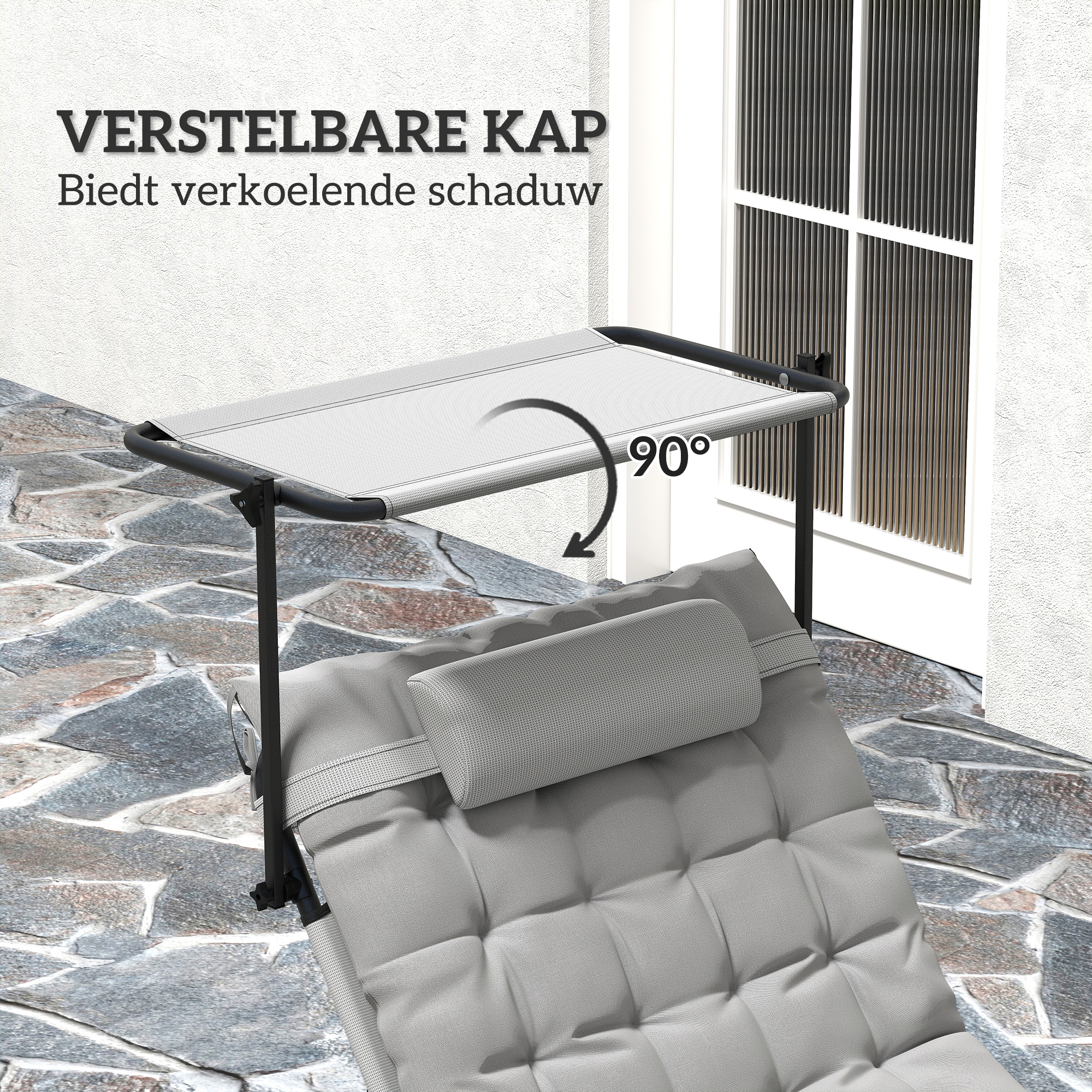 Outsunny Opvouwbare Tuinligstoel met Zonnedak en Matrasje, Ligstoel met 4 Standen Verstelbare Rugleuning Lichtgrijs