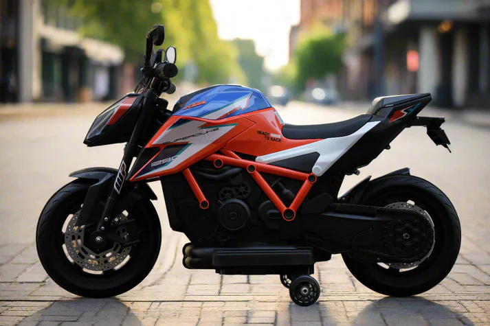 Kids 12v Ride on Electric Bike KTM Superduke Motor Bike with Stabilizers - Orange Blue