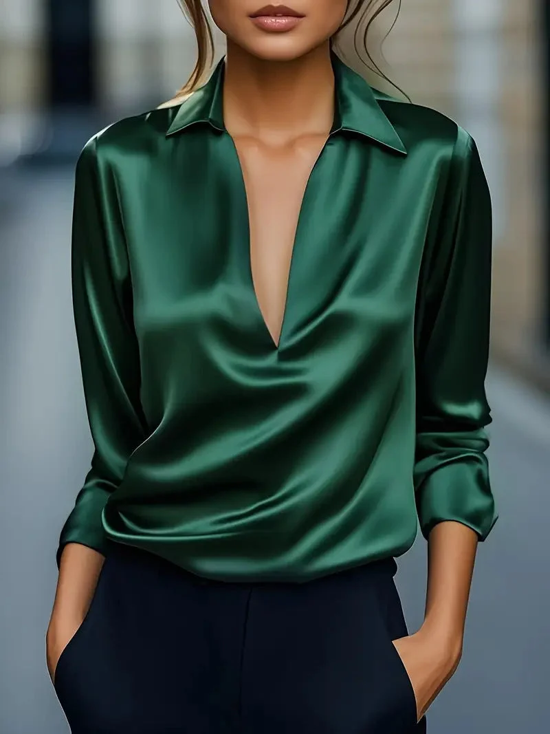 Damen Stilvolle, vielseitige Bluse im Satin-Look mit V-Ausschnitt