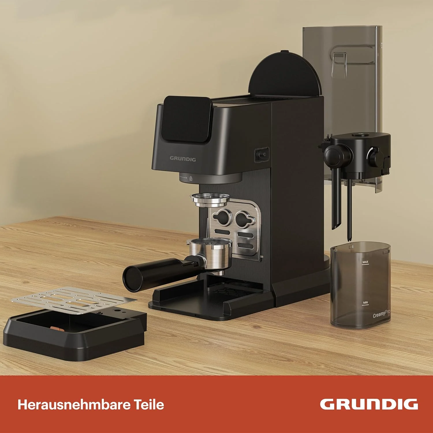 GRUNDIG KSM 5330 Espressomachine met ge?ntegreerd melkreservoir, 1628 W vermogen, 15 bar pompdruk, dubbele tuit, kleuren-touchscreen, BrewSense, CreamyPro, donker inox/zwart