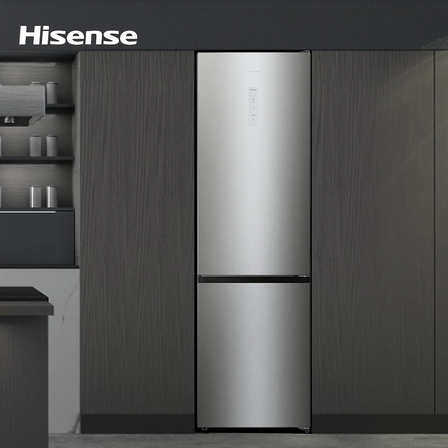 Hisense RB327N4ADD Koelvriescombinatie, EEK D, Total NoFrost, Verwisselbare Deurscharnieren, Flessenrek, 171 Liter Koelgedeelte, 85 Liter Vriesgedeelte, Roestvrijstalen look