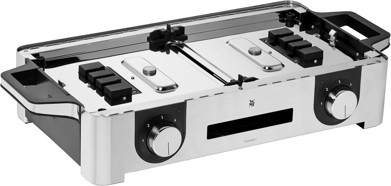 WMF Lono Master-Grill, Elektrogrill, 50x28 cm, Elektrogrill Tischgrill mit Windschutz und Auffangschale, Outdoorzertifiziert für Barbecue, 2 getrennt regulierbare Grillflächen, 2400 W, edelstahl matt