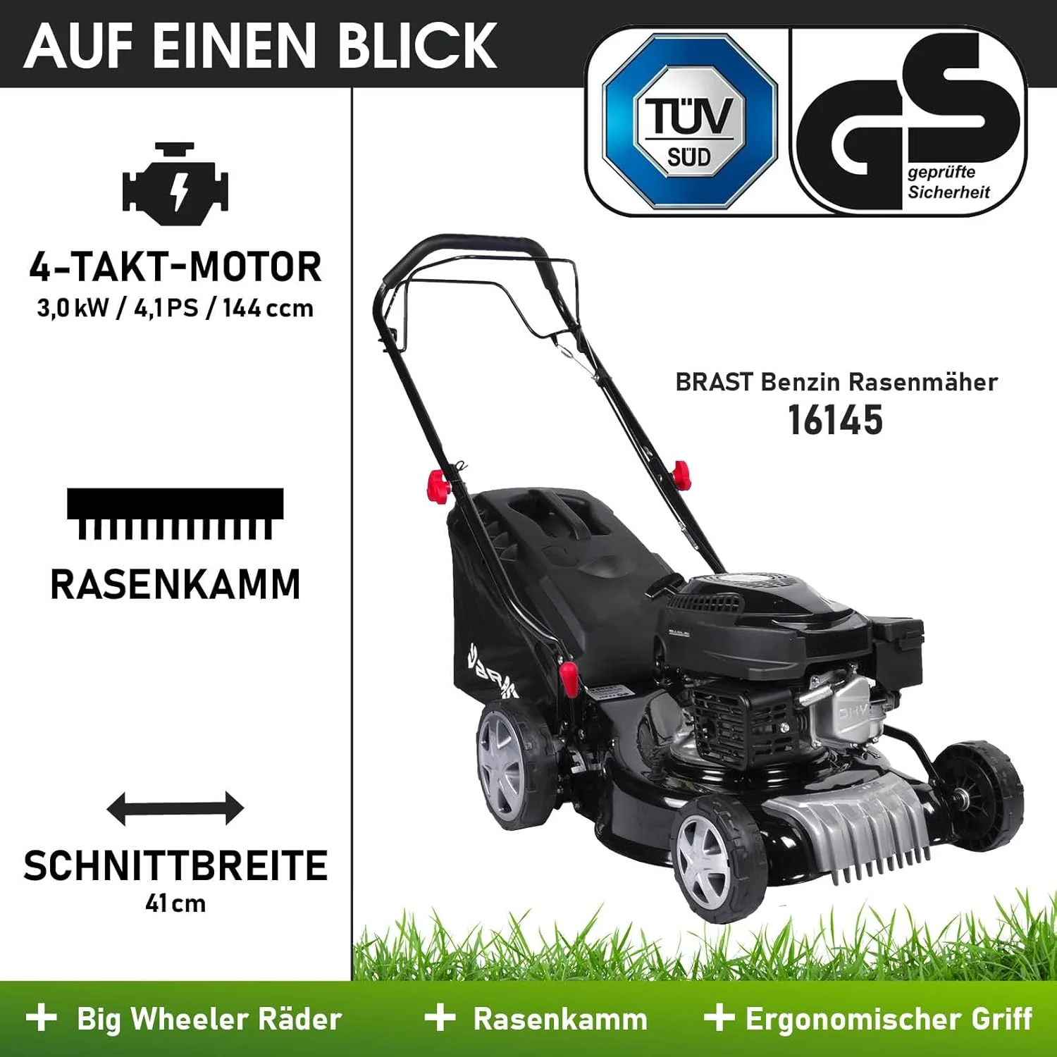 BRAST Benzine grasmaaier met aandrijving | 3,0 kW (4,1 pk) | Elektrische start | 41 cm maaibreedte | vele modellen | T��V | 4-takt OHV-motor | 25-75 mm maaihoogte | 40 L opvangbak | Stalen behuizing | 16145 Estart