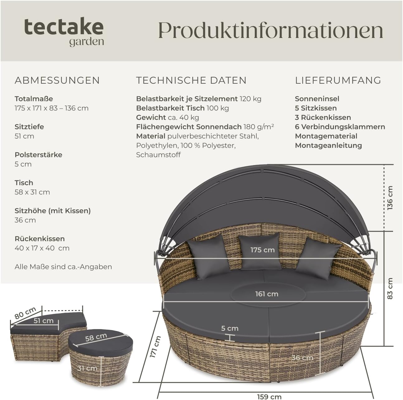 tectake® Lounge Muschel Sonneninsel Outdoor wetterfest, Gartenmuschel, Sonnenliege 2 Personen und mehr, multifunktionales Terrasse oder Balkon Möbel, Gartenliege wetterfest - Natur