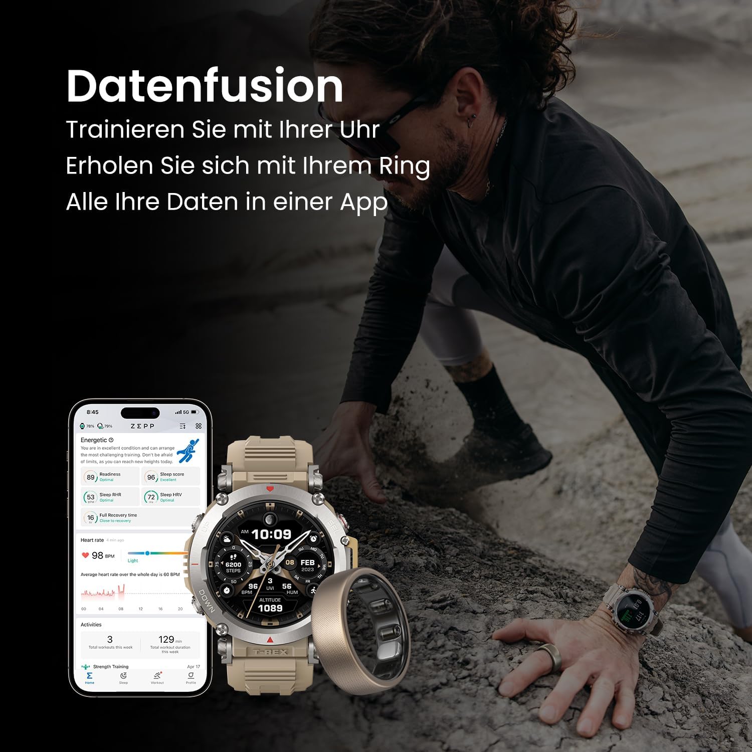 Amazfit T-Rex Ultra Smartwatch für Outdoor-Benutzer, Dualband-GPS, Routenimport & Navigation, Offline-Karte, 10 ATM Wasserdichtigkeit, -30℃ Ultra-Tieftemperaturbetrieb Smartwatch & Helio Ring Größe 12