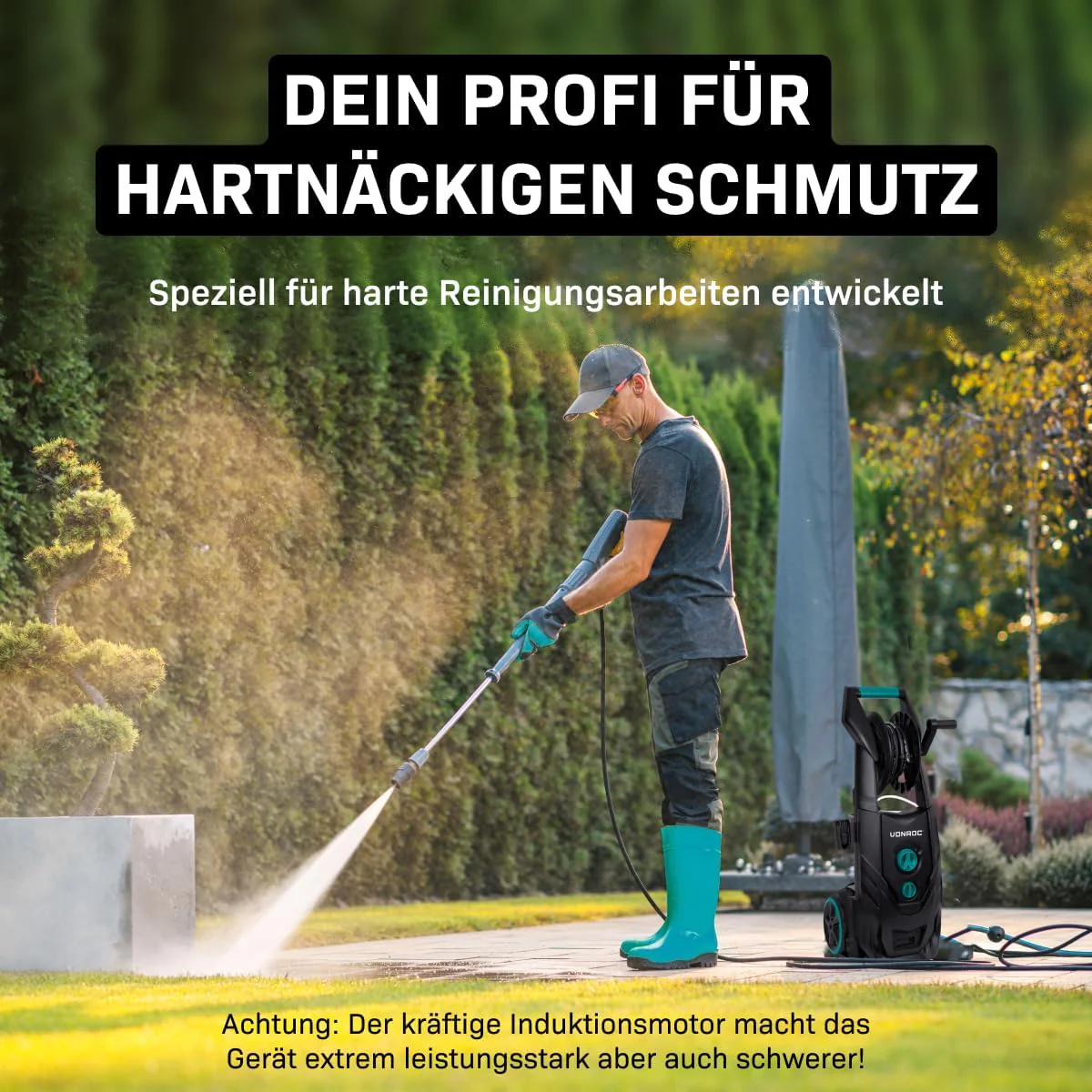 VONROC Professionele hogedrukreiniger 195bar - Gevelreiniger voor zware reinigingswerkzaamheden [2500W] - Hoge wateropbrengst [468 l/u] Reinigingstank, Aluminium Pomp - incl. Terrasreiniger