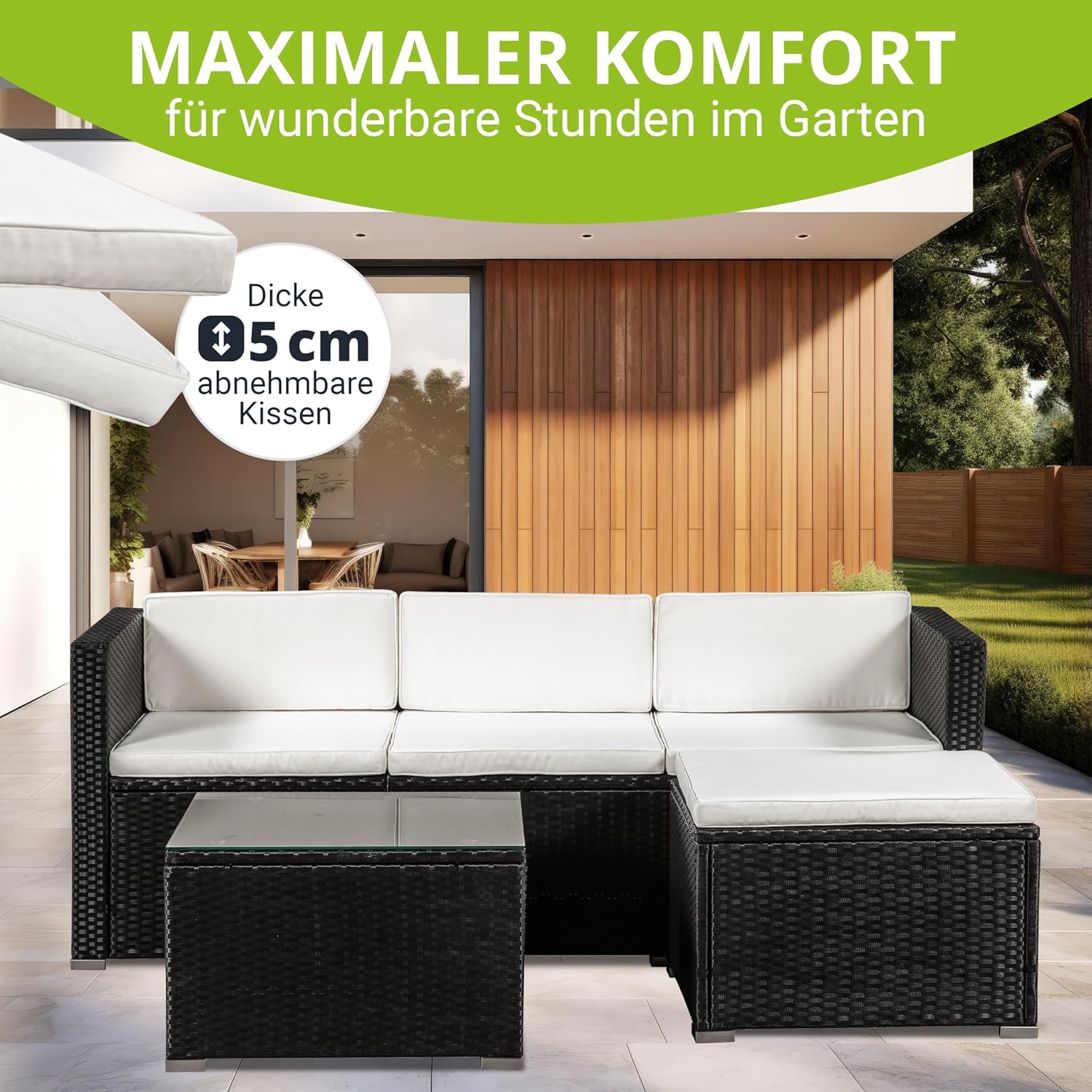 Juskys Polyrattan Lounge Punta Cana M für 3-4 Personen mit 3er Sofa, Sessel, Tisch & Kissen, Sitzgruppe für Garten, Terrasse und Balkon, Gartenmöbel Set wetterfest - schwarz/Creme