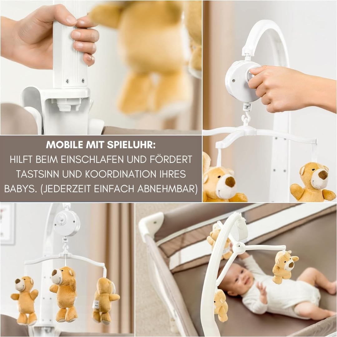 hauck Kinderreisebett Babycenter Zoo - inkl. Neugeboreneneinhang, Wickelauflage, Spielbogen mit Spieluhr, Utensilienablage, Rollen, Matratze, Tragetasche (höhenverstellbar & faltbar) - 120x60 cm