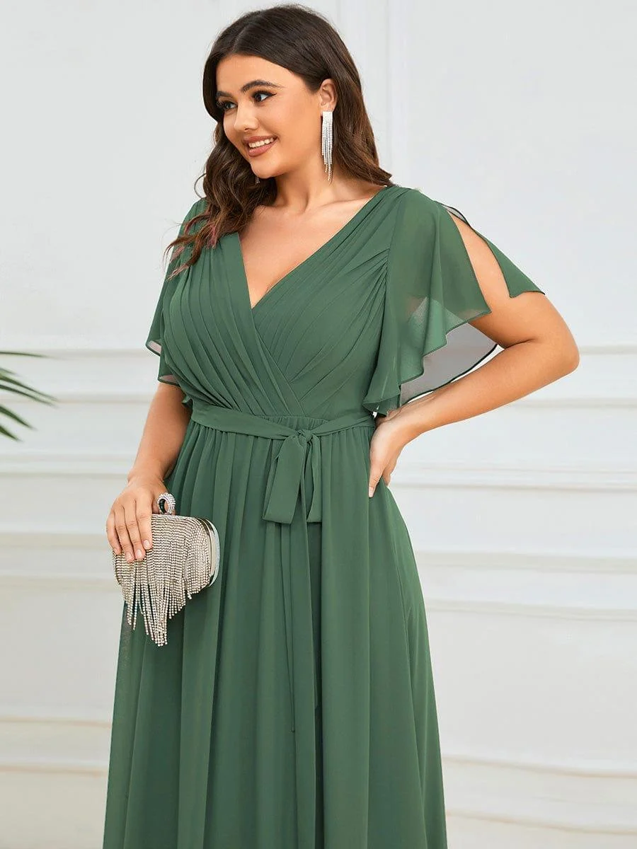 Abendkleid Damen Maxi A-Linie aus Chiffon | Festliches Kleid f��r Hochzeitsg?ste mit V-Ausschnitt und Fl��gel?rmeln