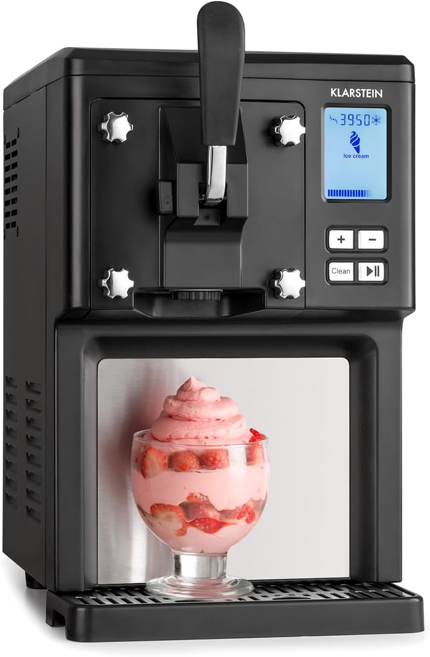 Klarstein Sweet Sundae - Eiscrememaschine, 1,5 Liter, mitselbstkühlendem Kompressor, 200 Watt, Ausgabesystem, 3 StundenAuto-Kühlhaltefunktion, Reinigungsautomatik, Edelstahl, schwarz