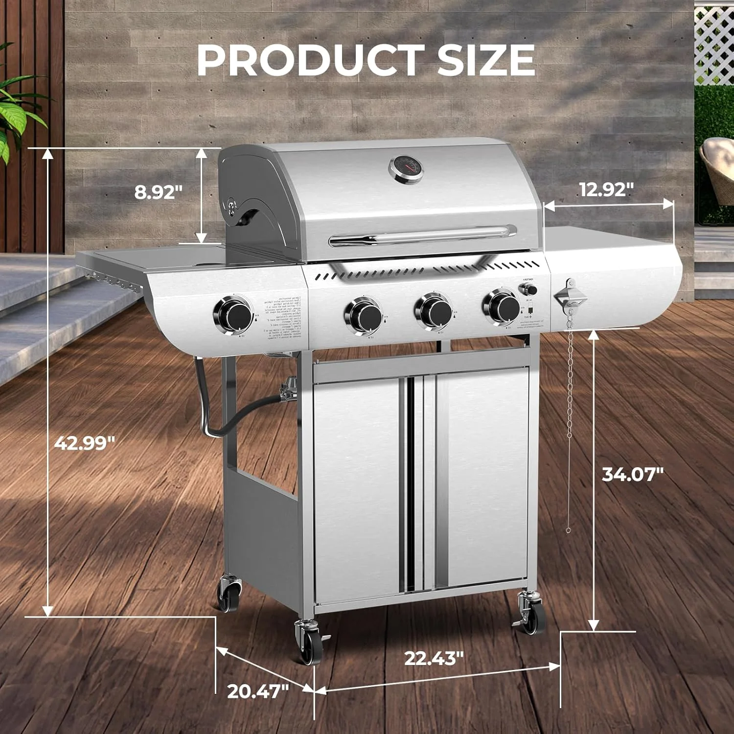 34,000 BTU 3-Burner Propane Gas Grill with Side Burner, All Stainless Steel BBQ Grill