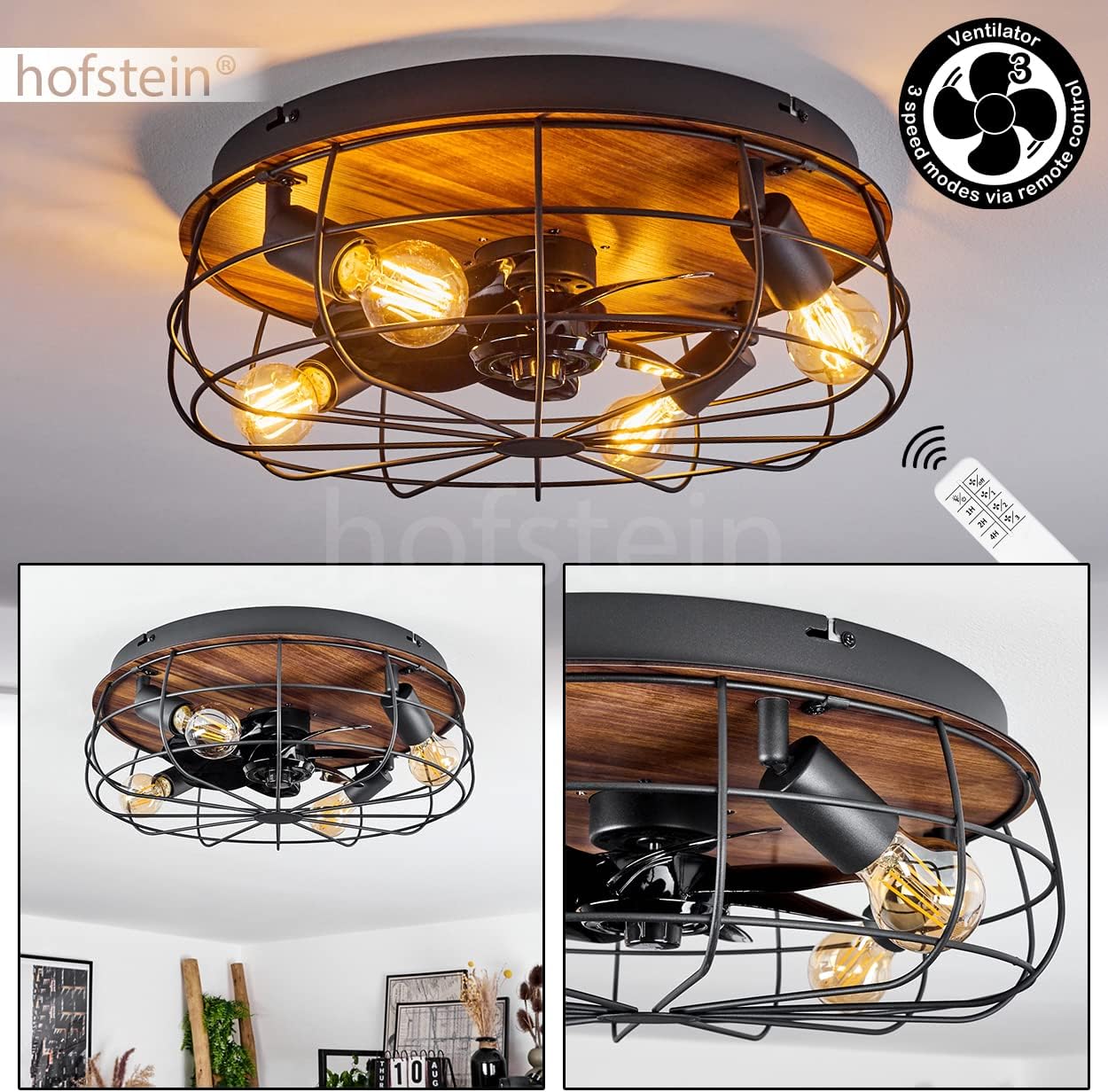 Deckenventilator Moscavide, Ventilator aus Metall/Kunststoff in Schwarz/Holzoptik/Braun mit Fernbedienung, Deckenleuchte mit schwenkbaren Spots, 4-flammig, 4 x E27 max. 10 Watt IP20