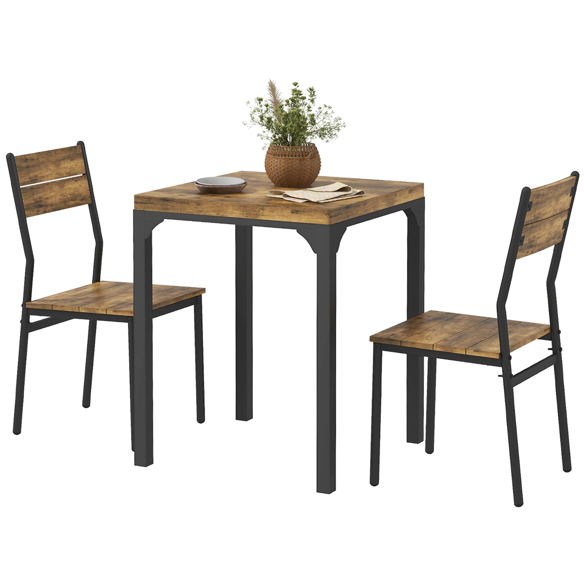 3-delige Eethoek, Esstafel-Set, 1 Tafel, 2 Stoelen, MDF+Metaal, Bruin