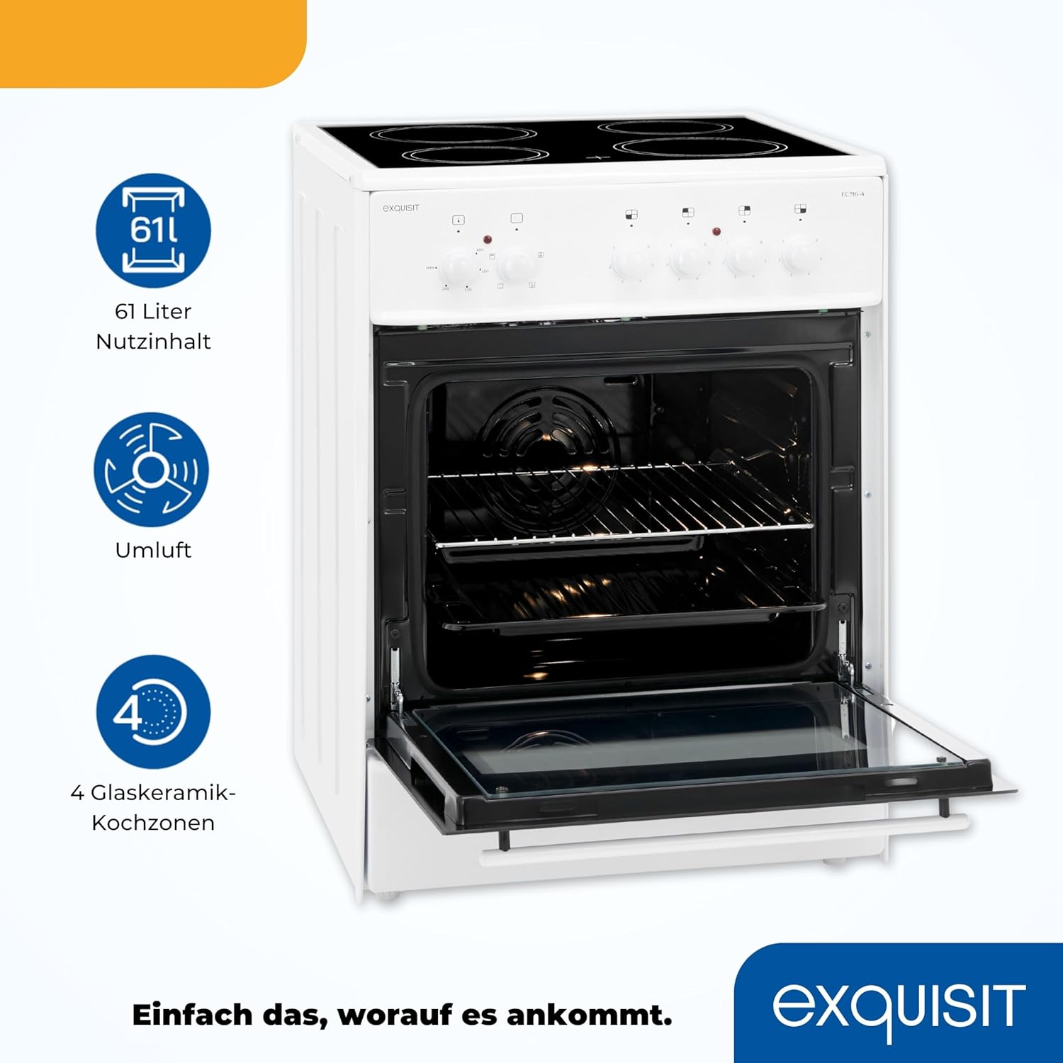 Exquisit Standherd ECM 6-4 | Standherd 60cm mit Glaskeramik Kochfeld | Ober- & Unterhitze | Grill | Umluft | Elektroherd freistehend 60 cm | weiss