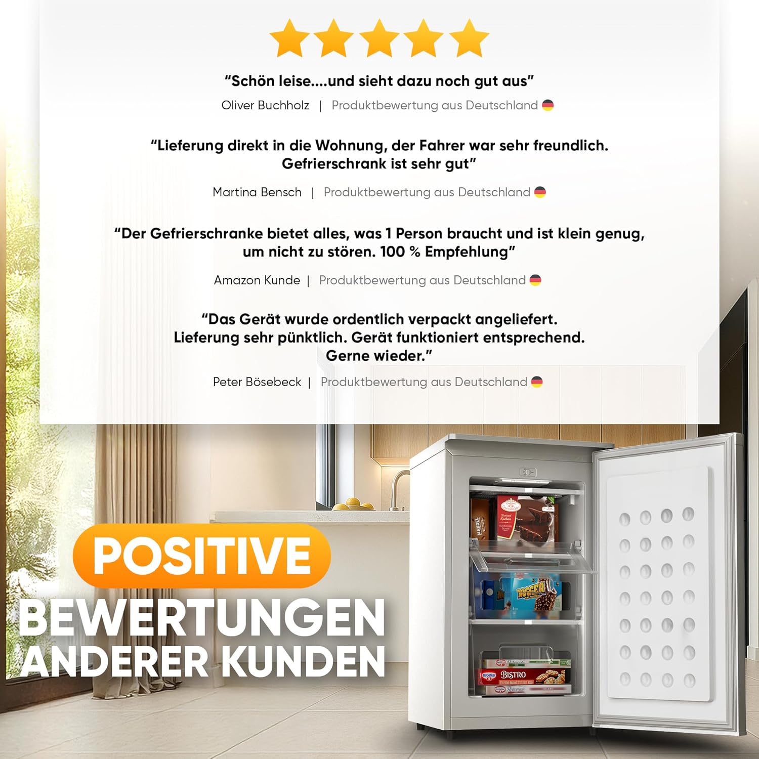 Stillstern Gefrierschrank Klein (73L) 4-Sterne-Gefrierfach -18°C ger. Energiever. Mini Freezer mit 3 Fächer, stufenlos reg. Temp., kleine Tiefkühltruhe, Türanschlag r./l. Tiefkühlschrank R600A Weiß