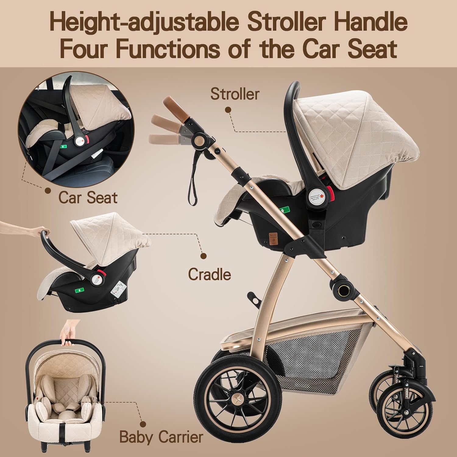 Gcarebb 3 in 1 Kinderwagen, Buggy Mit Auto Babyschale, Mit Höhenverstellbarer Kinderwagen Komplettset, KombiKinderwagen Mit Aluminiumrahmen für Neugeborene 0-4 Jahre