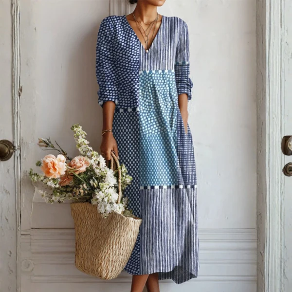 Leinenkleid Damen Retro-Stil | Vintage Kleid mit abstraktem Print und Taschen | Leichtes Sommerkleid in lockerer Passform