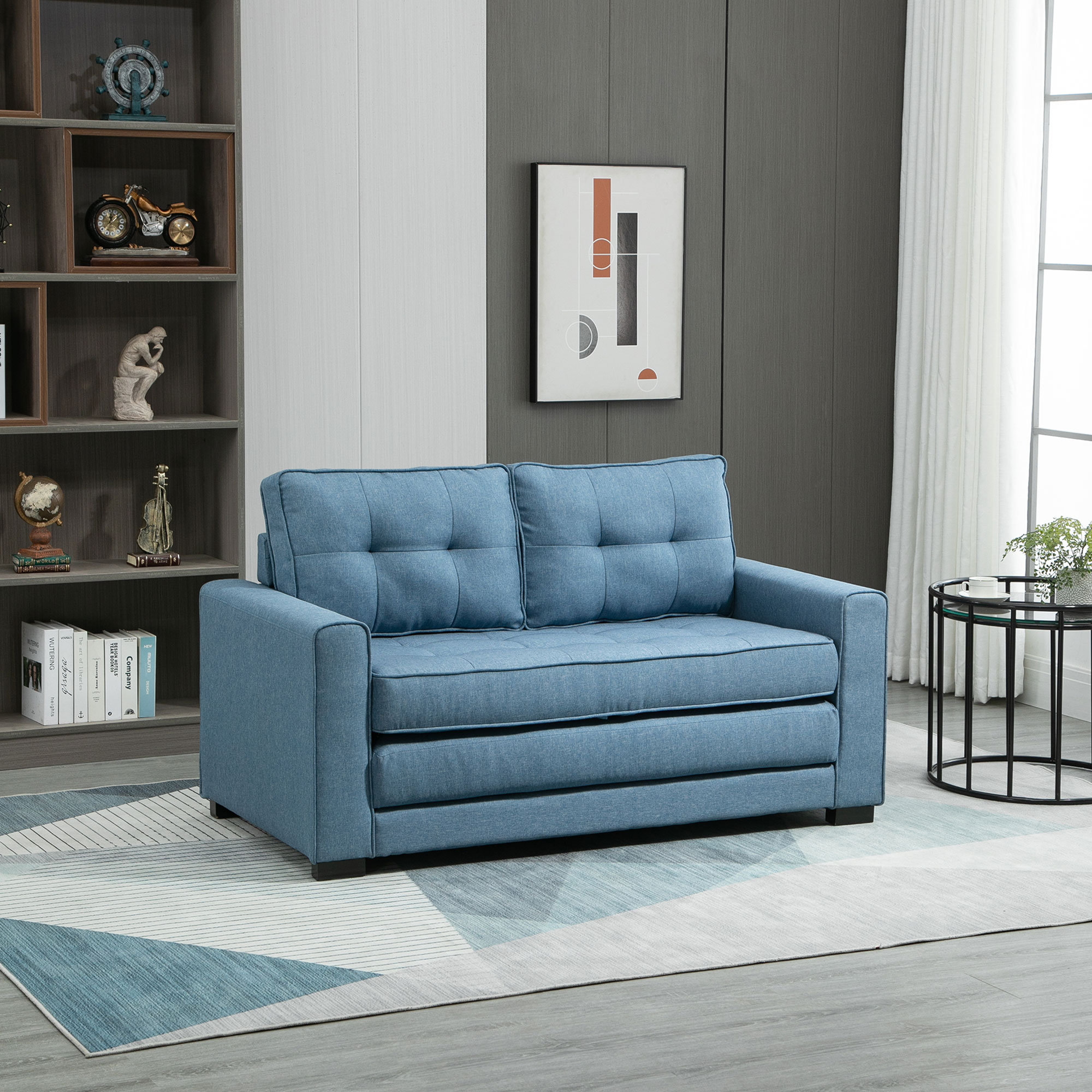 slaapbank, opklapbare sofa 2-zits, stoffen slaapbank, sofa met slaapfunctie, linnen touch, rubber hout, blauw, 147.5 x 75 x 85 cm