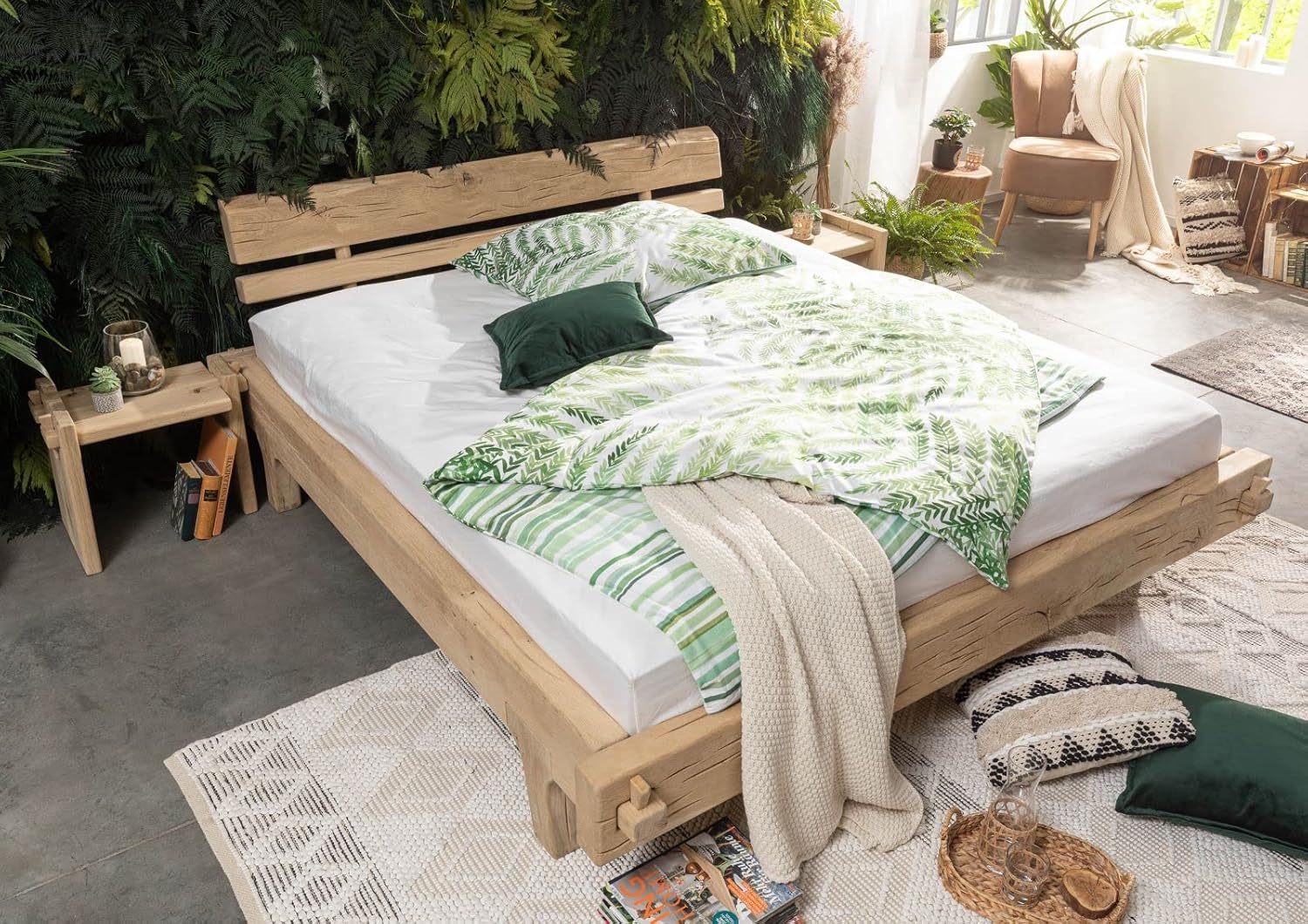 MASSIVMOEBEL24.DE Bett Holzbett Balkenbett Massivholzbett 200x200 Eiche Holz massiv Natur geölt Oak Heart #04