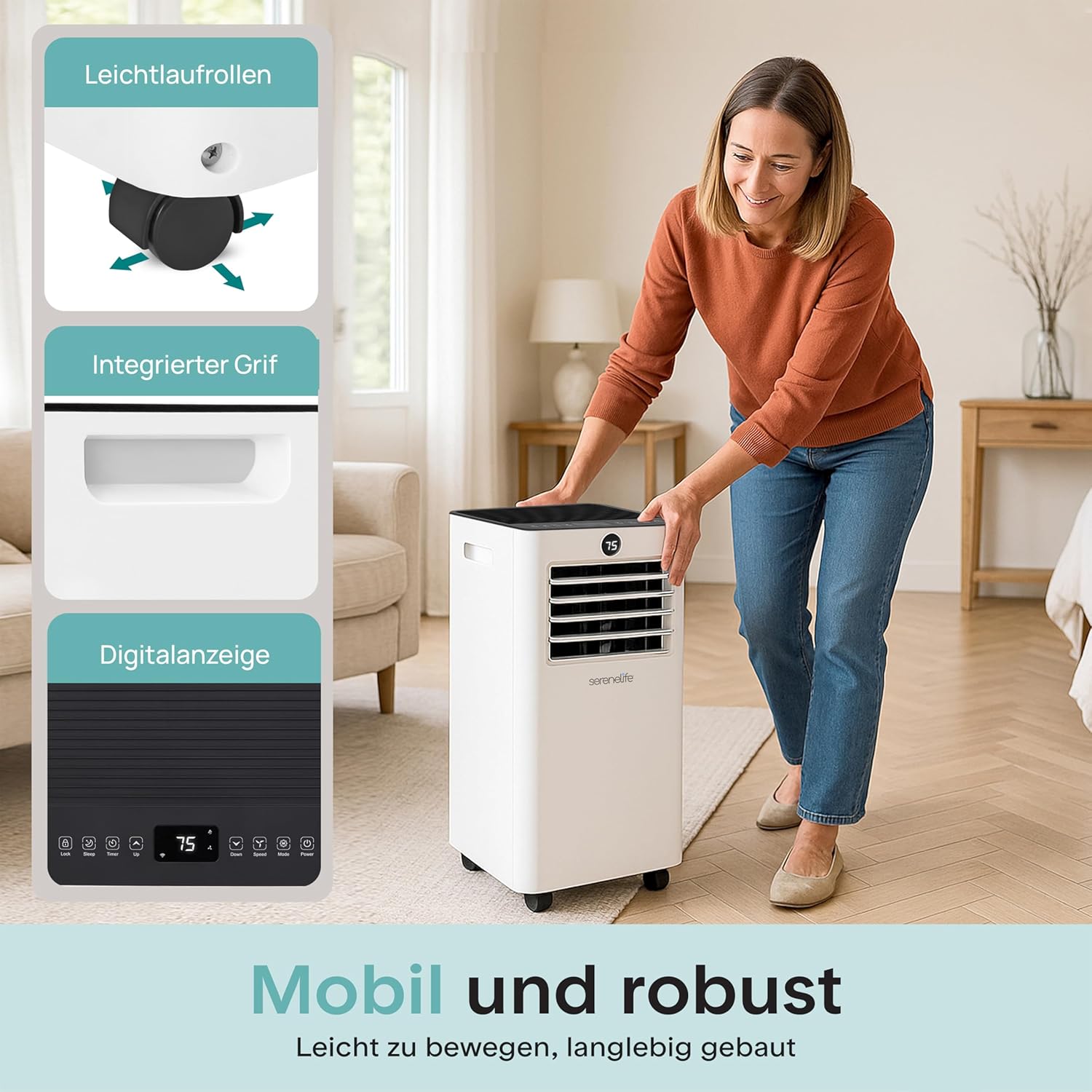 SereneLife Klimaanlage 7000BTU 2.05kW- 4-in-1 Mobiles Klimagerät mit WLAN, Heizen, Entfeuchten, Ventilator für Räume bis 28 m², inkl. Abluftschlauch und Fensterkit, 24h- Timer, 54db