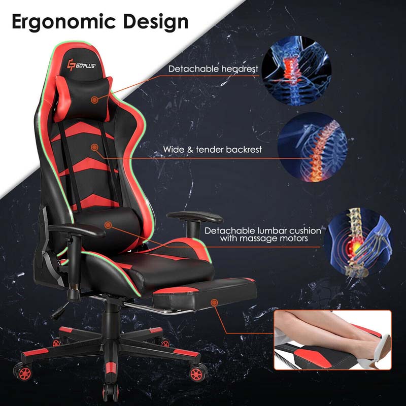 Led Massage Gaming Chair Height Adjustable Racing Computer Office Chair With Footrest Ergonomic High Back Pu Swivel Game Chair - Comfortable And Ergonomic Design