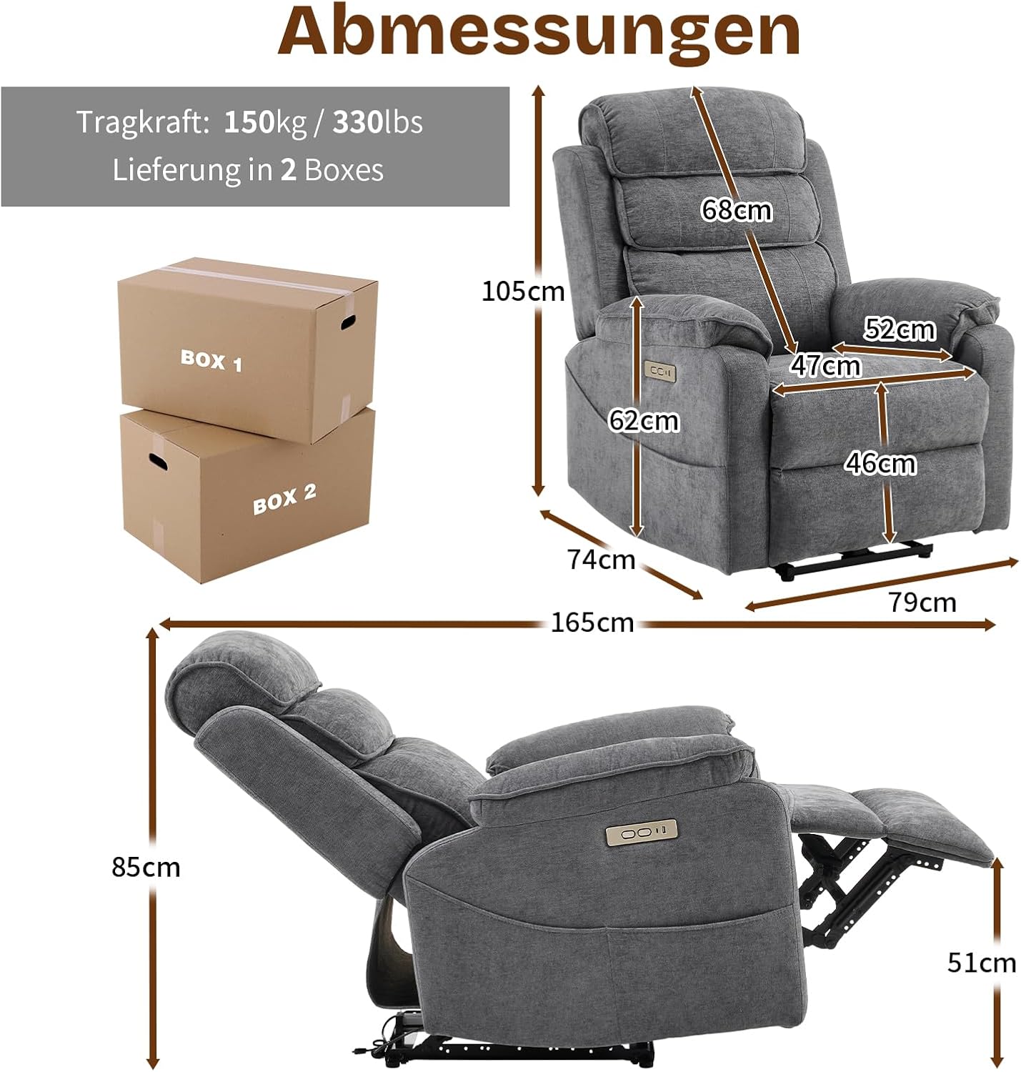 LEADZM Fernsehsessel Relaxsessel mit drahtloser Ladevorrichtung, 1 USB-Anschluss, 1 USB-C-Ladeanschluss, Liegen TV Sessel mit Massage Heizung, Getränkehalter (Dunkelgrau)