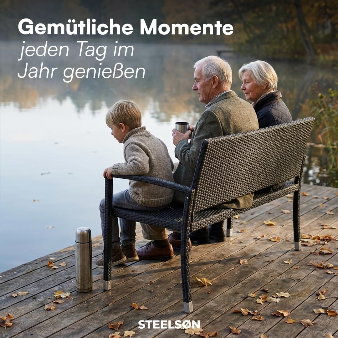 STEELSØN Mirador Gartenbank 3 Sitzer schwarz – Sitzbank Outdoor aus Polyrattan – Balkonbank wetterfest – Rattanbank mit ergonomischer Lehne – Parkbank bis 320kg belastbar – Bank für Garten/Terrasse