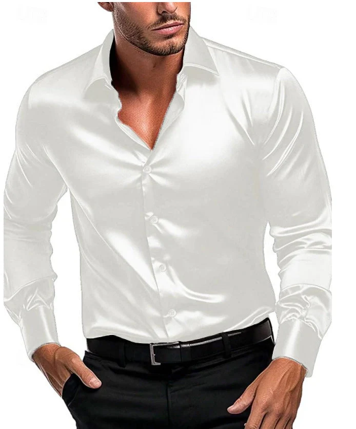 Slim Fit Herrenhemd aus gl?nzendem Satin | Langarm Businesshemd mit klassischem Kragen f��r festliche Anl?sse und B��ro