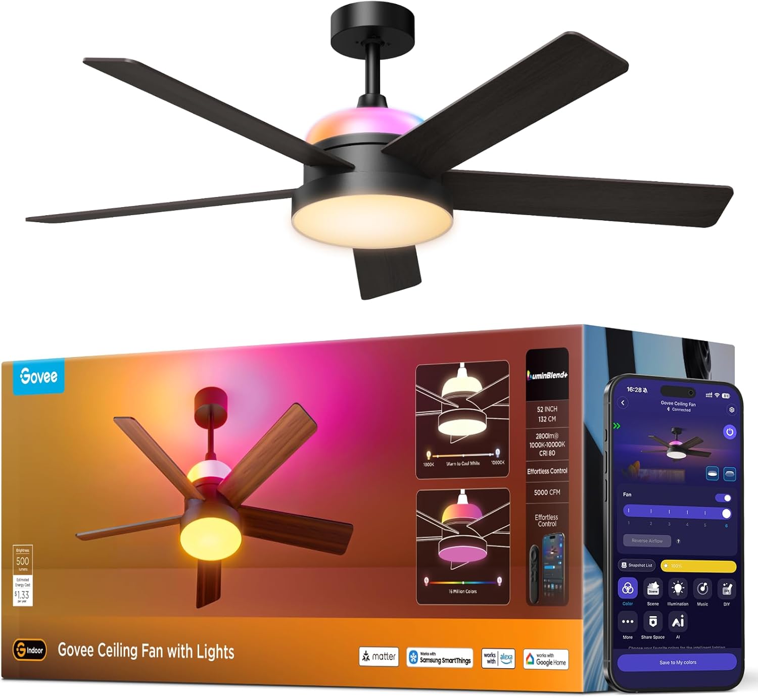 Govee Deckenventilator mit Beleuchtung RGBIC, Ø132cm Smart Leise Deckenventilator mit Licht und Fernbedienung, 2800 lm, Reversibler DC Motor, Doppelseitige Flügeln, für Schlafzimmer Wohnzimmer