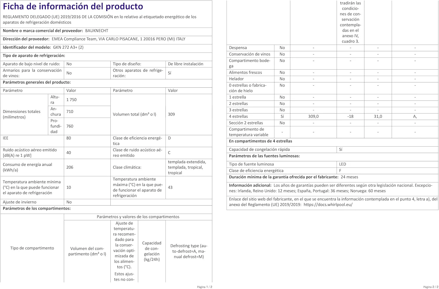 Bauknecht GKN 272 A3+ Gefrierschrank / 309 L Gesamtnutzinhalt / NoFrost / EasyOpen Ventil / Innenbeleuchtung / Elektronische Steuerung mit innenliegendem Bedienfeld, Wei?