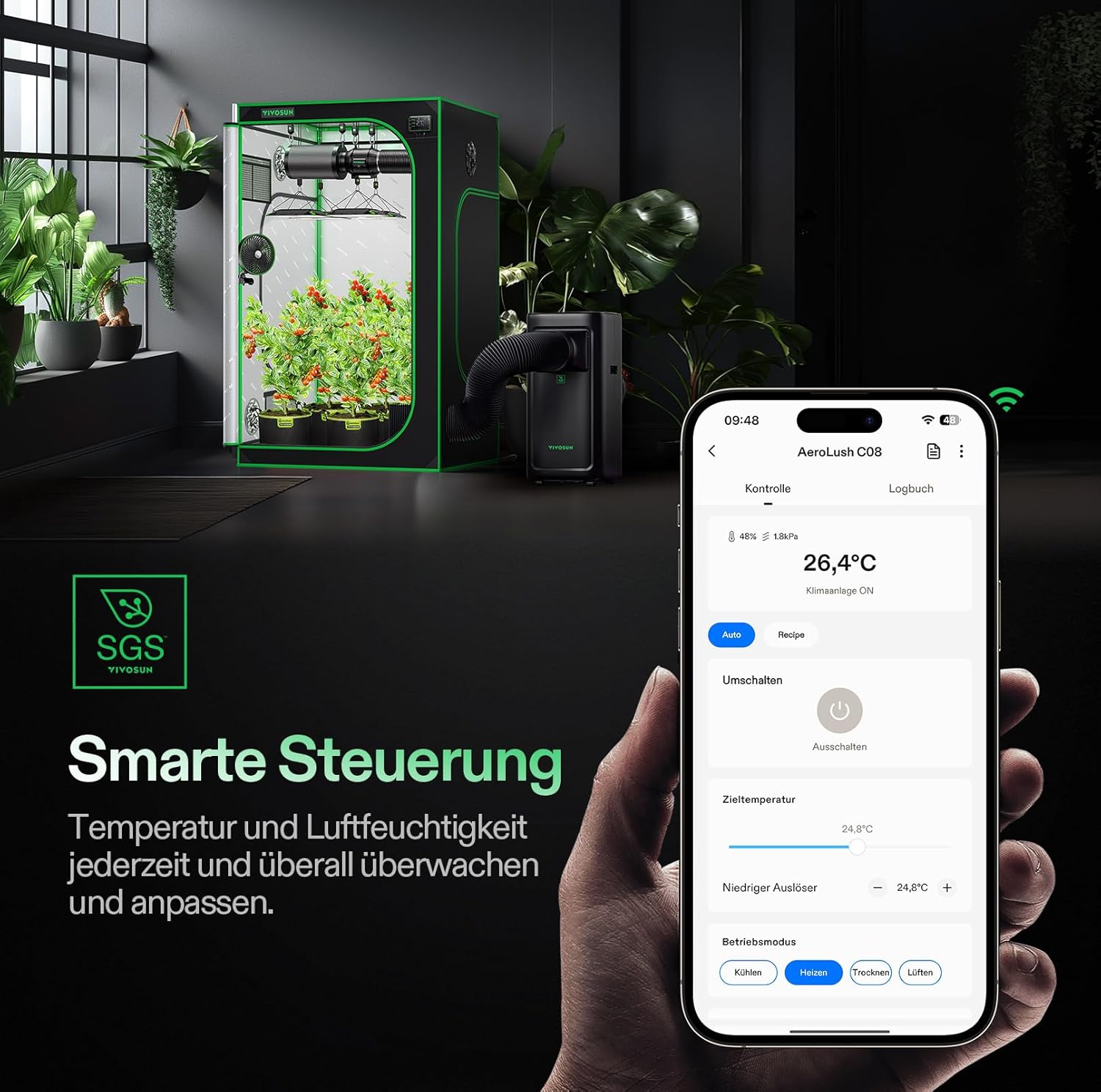 VIVOSUN Smart Klimaanlage, 7000 BTU, 4-in-1 Funktion mit Temperatur- & Feuchtigkeitssensor, Intelligente Fernbedienung, Ideal für Growzelte und Innenräume