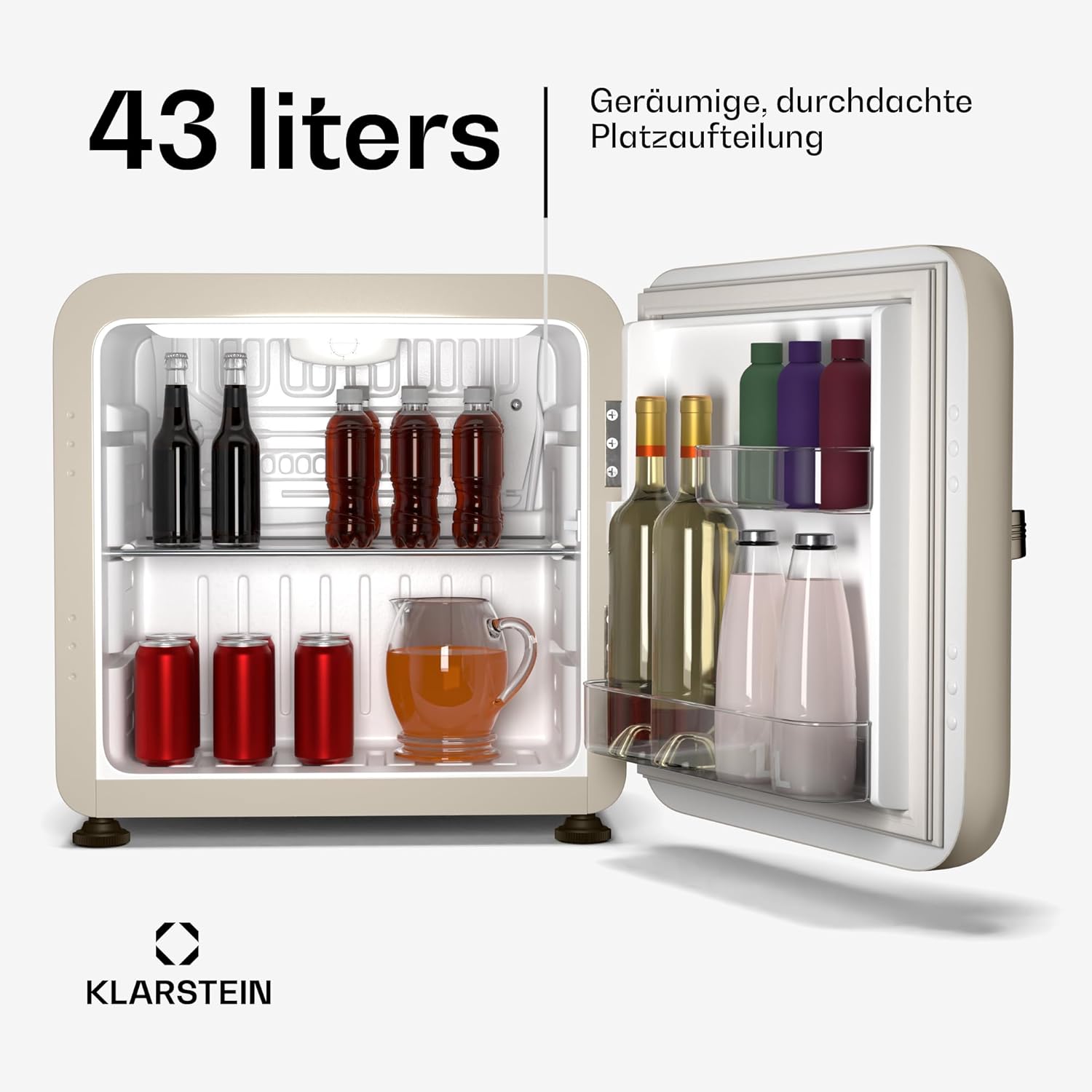 Klarstein Audrey Evo 43L Mini Kühlschrank - Retro-Design, Leise 40 dB, Verstellbare Füße, Wendetür, Kompressor Kühlung, Mechanischer Thermostat, Kühlschrank Klein für Schlafzimmer und Büros, Creme