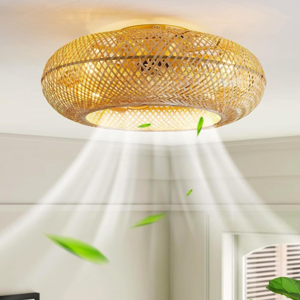 Ventilateur De Plafond Rétro En Bambou Avec Éclairage Plafond Télécommande Silencieux Plafonnier 6-vitesses Réversible Lumière Suspension Vintage En Rotin Chambre Coucher Salon Salle À Manger Cuisine